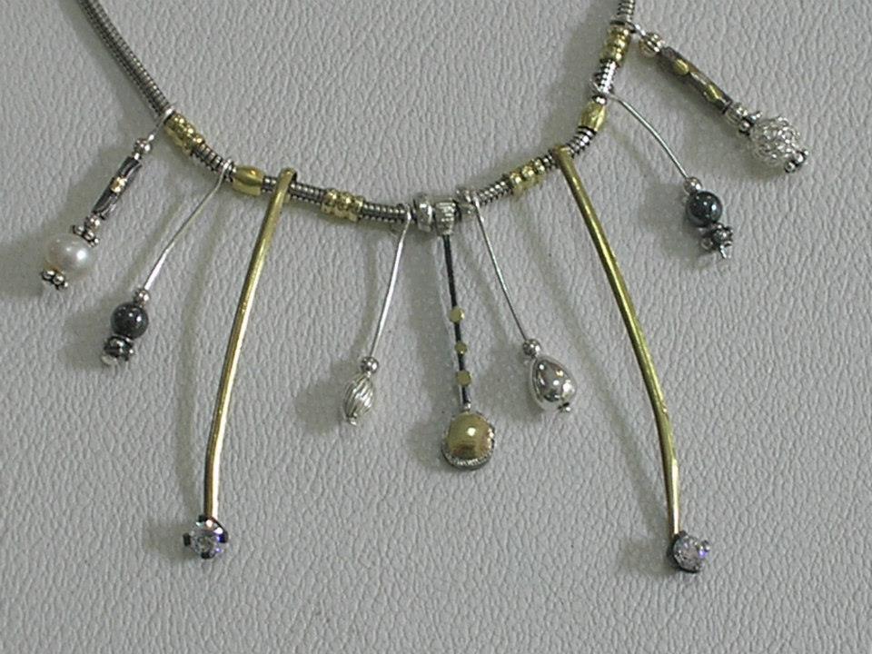 Gargantilla De Plata Y Oro Con Circonias ,perla De Cultivo, Hematite Y Patina